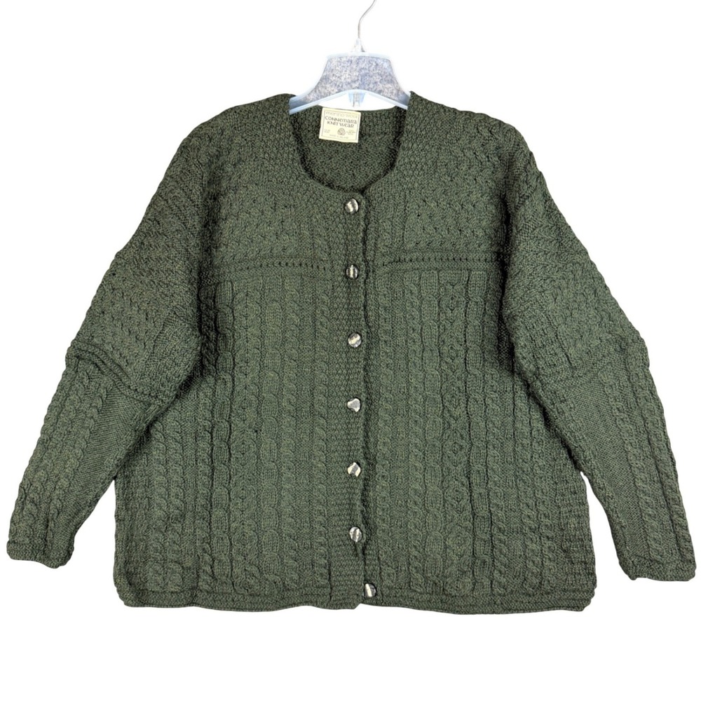 Vtg Connemara Knitwear Women's XL Green Merino Wool Cardigan Sweater Cable Knit